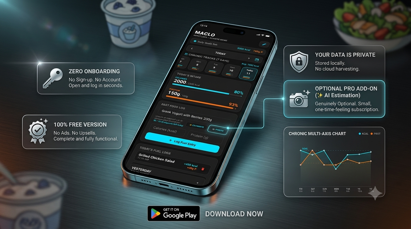 Maclo calorie and protein tracker app on a phone